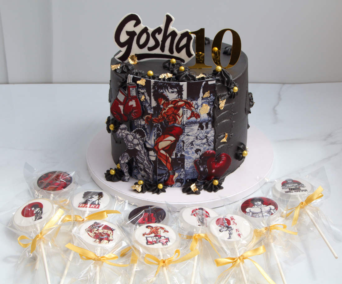 Cake for a 10-year-old boy and lollipops featuring an anime character