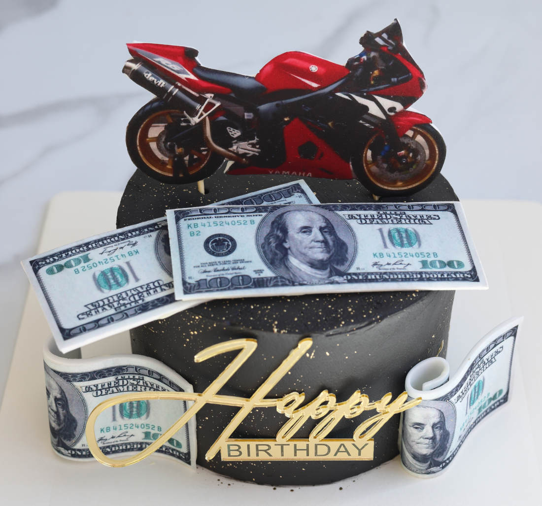 Bento cake with the photo of the motorcycle and dollars