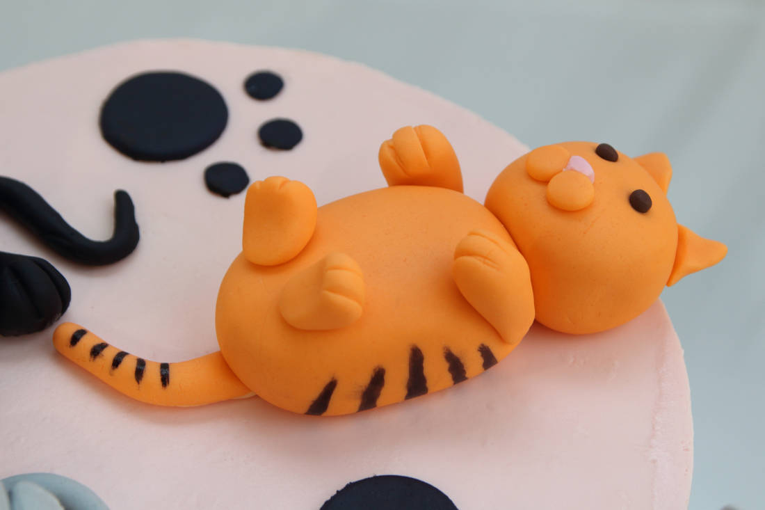 The cat lies belly up and with its paws raised on the cake