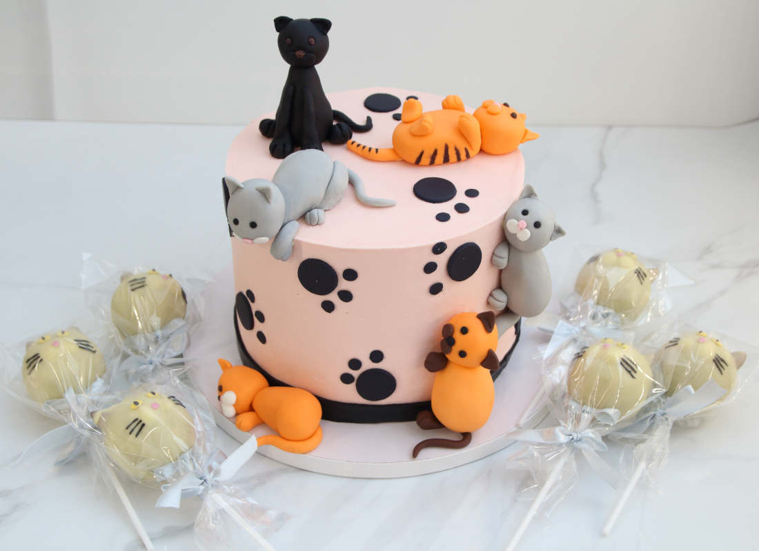 Katės formos cake pop šalia torto