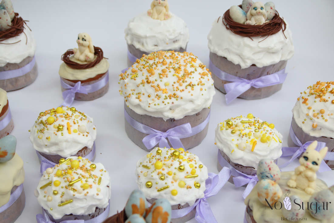 Sugar-free Easter cakes, chocolate nests, eggs, Easter Bunny