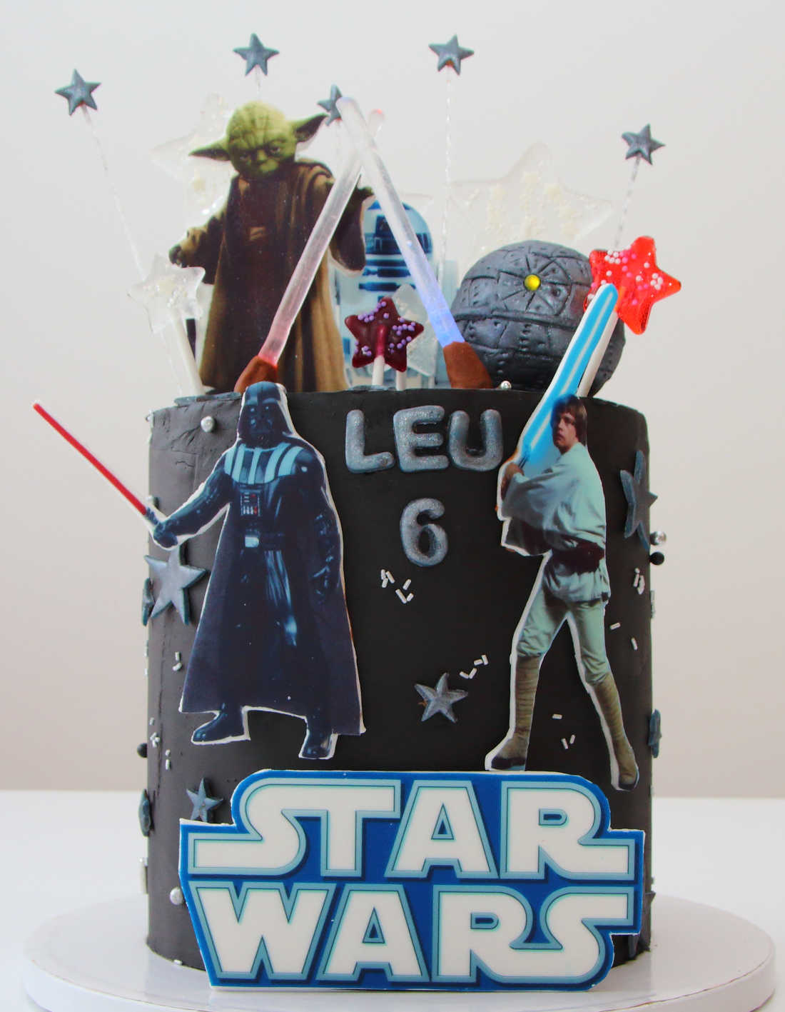 Star Wars cake with glowing lightsabers and LEDs