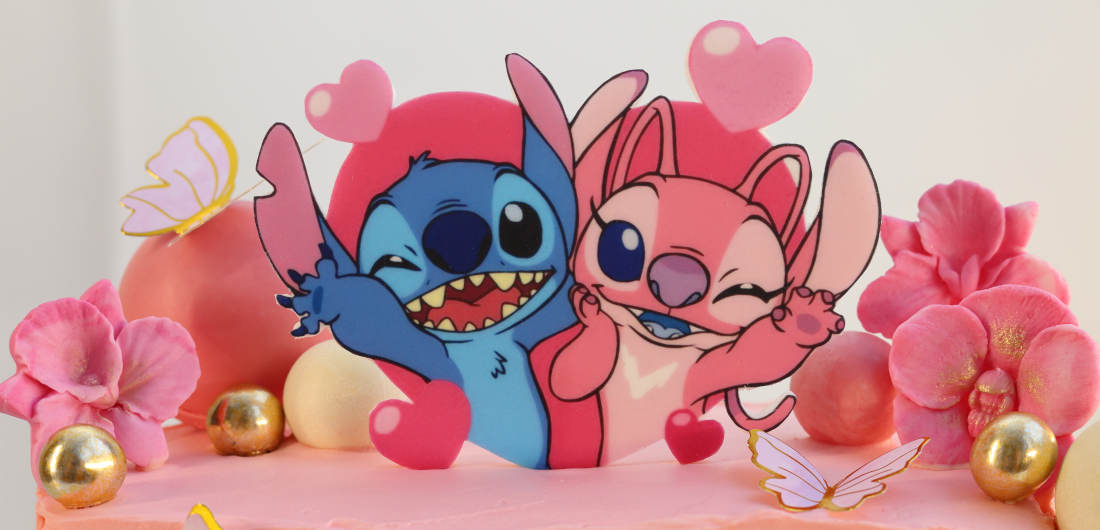 Stitch and Angel surrounded by flowers and butterflies