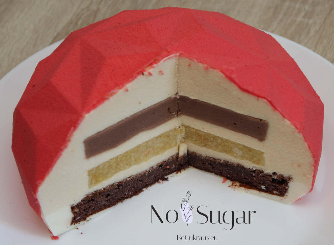 Mousse cake with chocolate velours in section