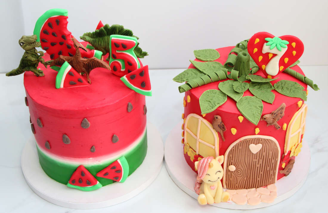 Watermelon with dinosaurs and strawberry with unicorn for brother and sister