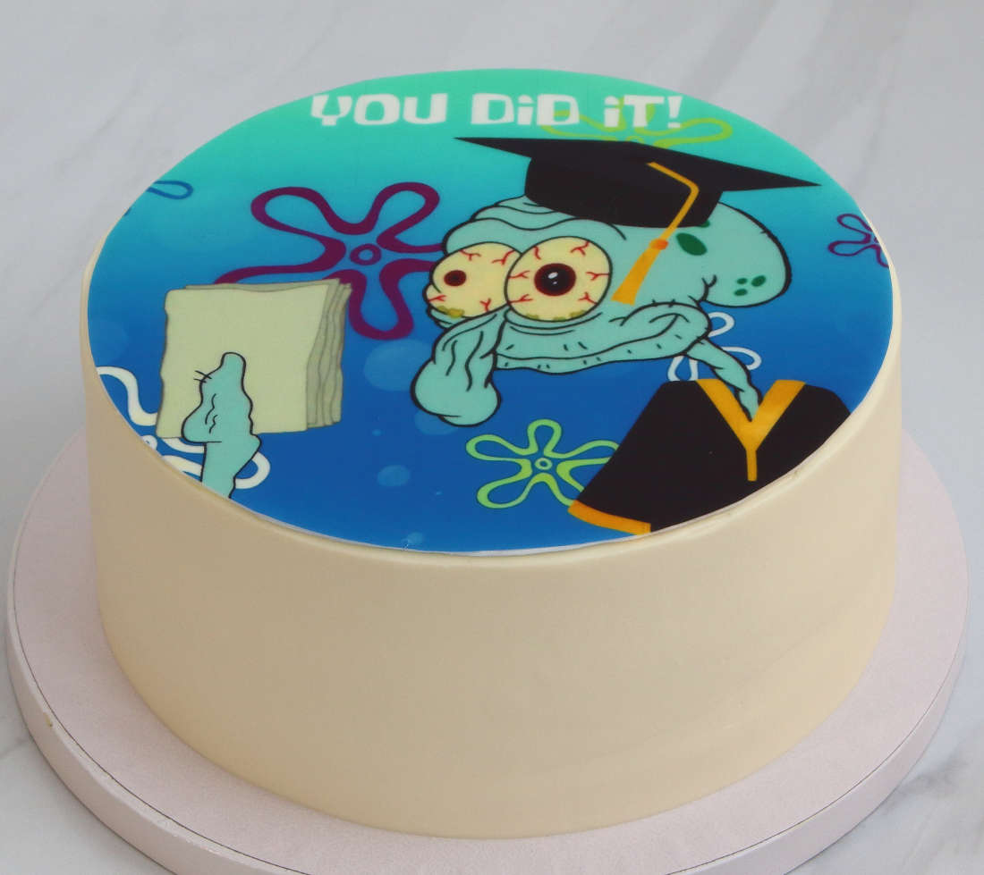 Edible image on You did it cake with Squidward in Vilnius